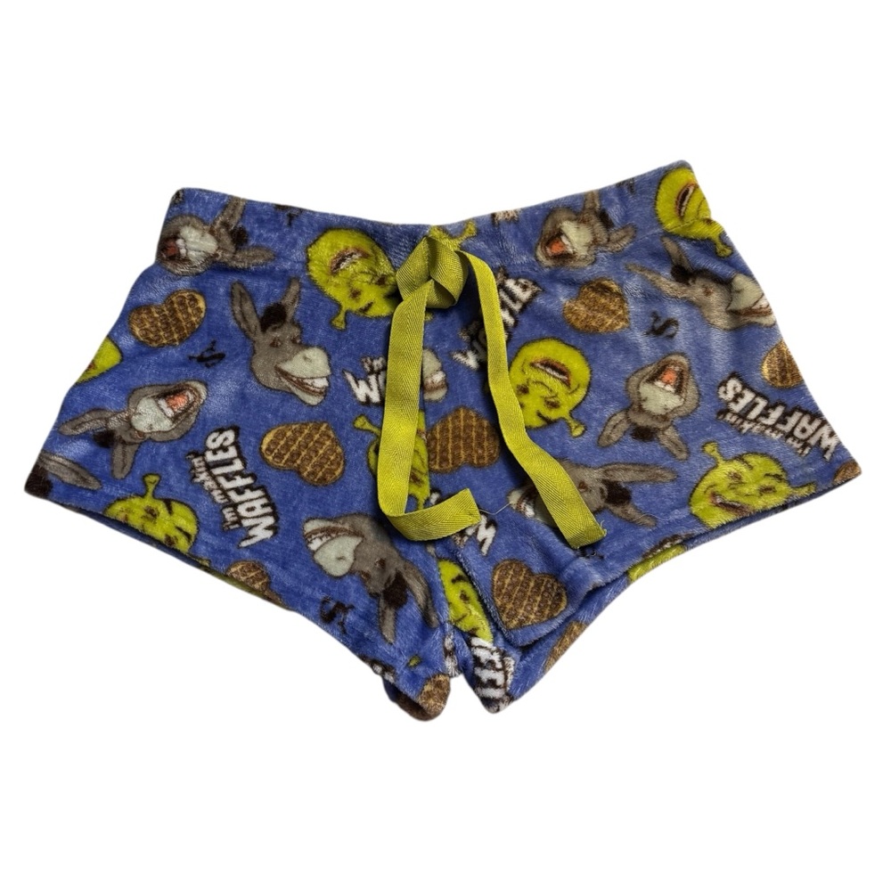 🇺🇸 Shrek Sleep Shorts Medium Blue Fleece Neon Green Dreamworks Donkey Waffles